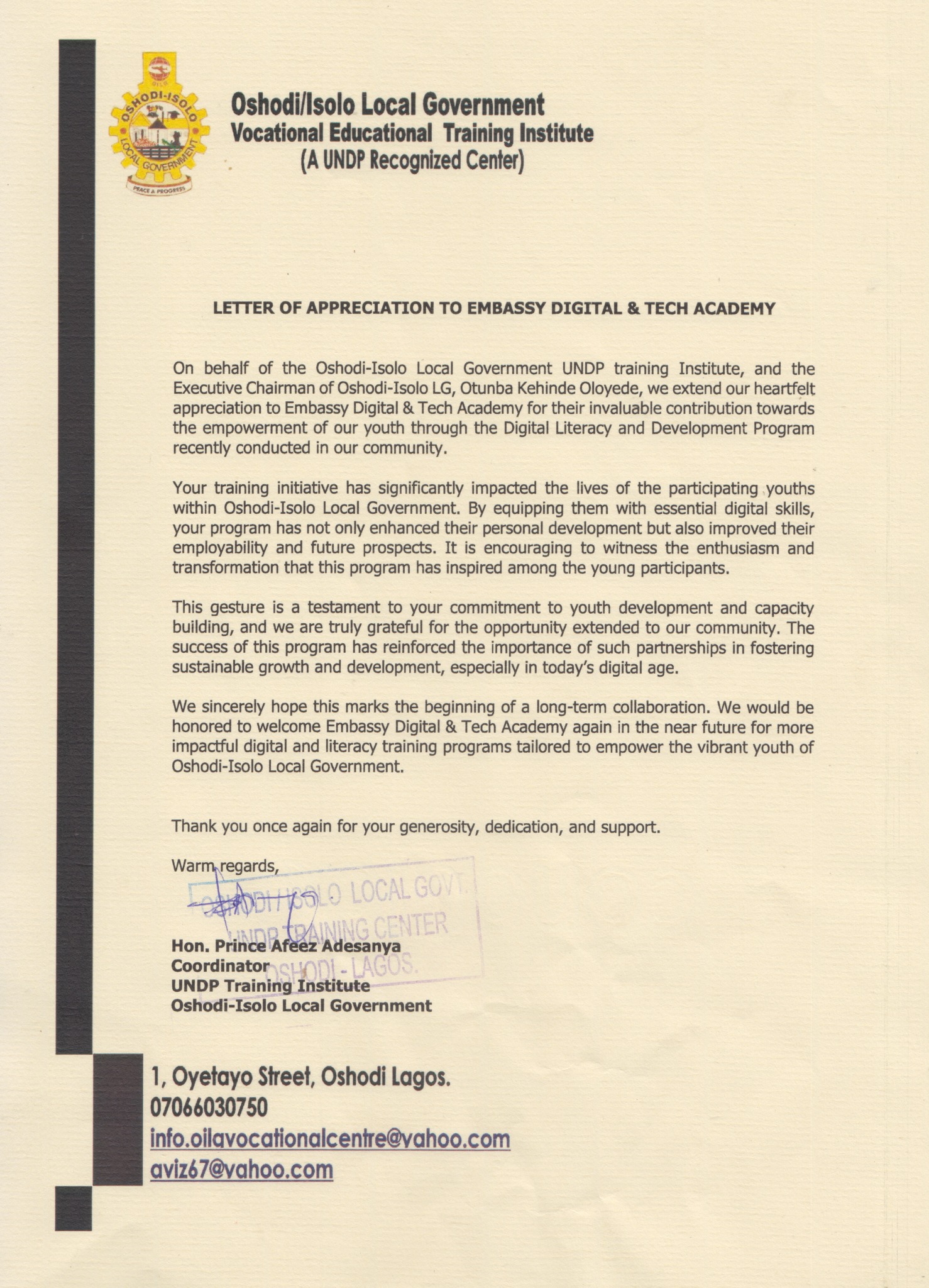 Institutional appreciation letter