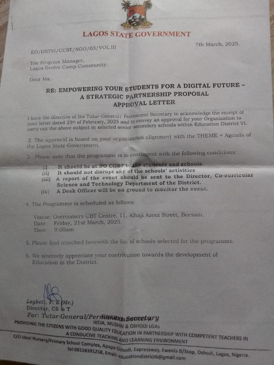 Lagos State Government approval letter
